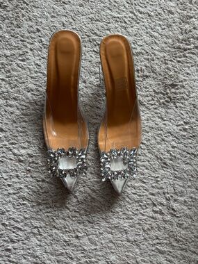 Crystal-Embellished Clear Mule Heels in Silver